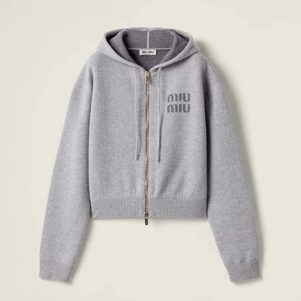 Front view of Miu Miu Women Double Cashmere Zipper Hoodie Cardigan in silver
