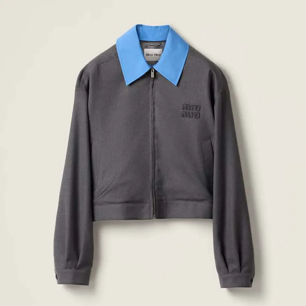 Front view of Miu Miu Women Gabardine Blouson Jacket with Poplin Collar in grey