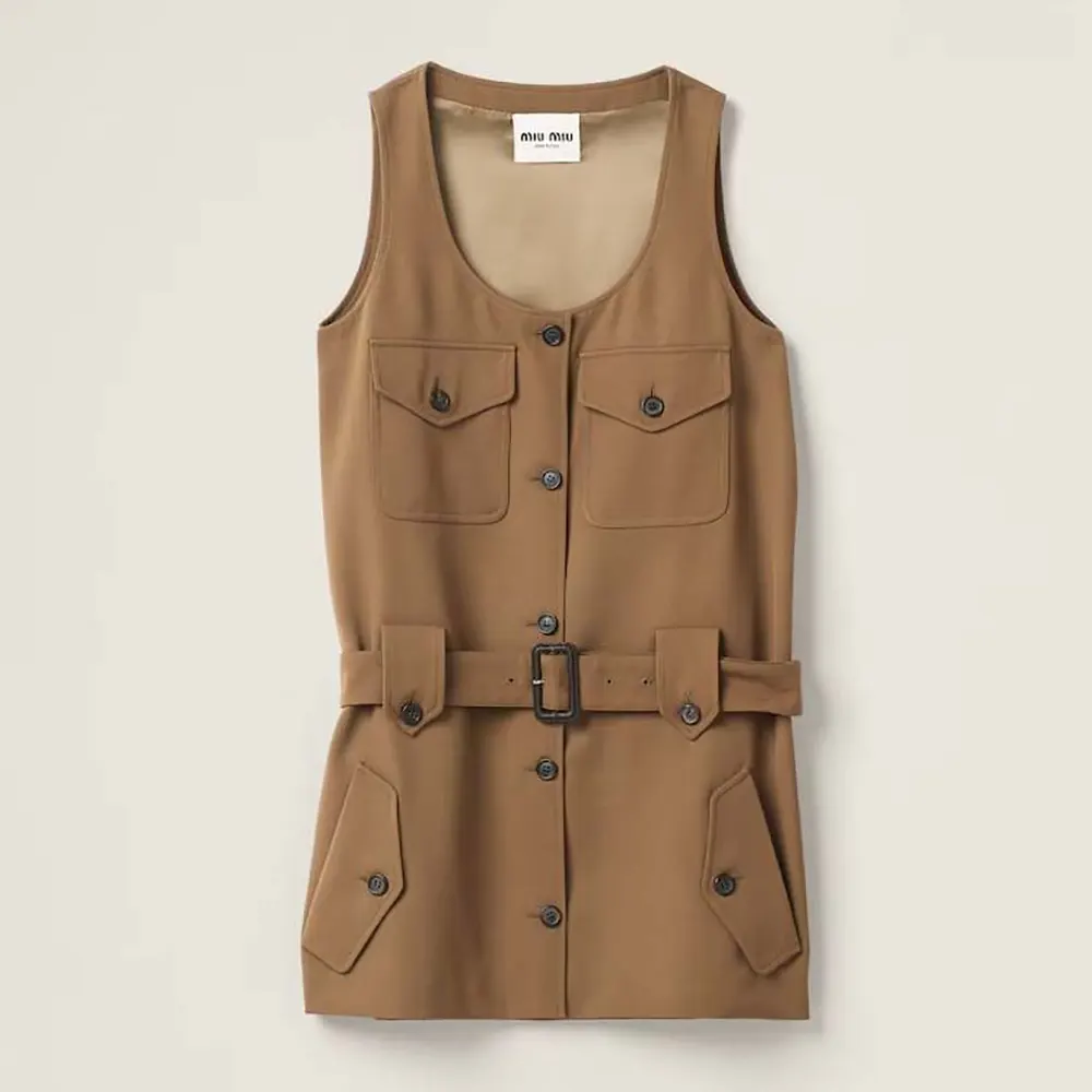 Front view of Miu Miu Women Gabardine Mini-dress in brown