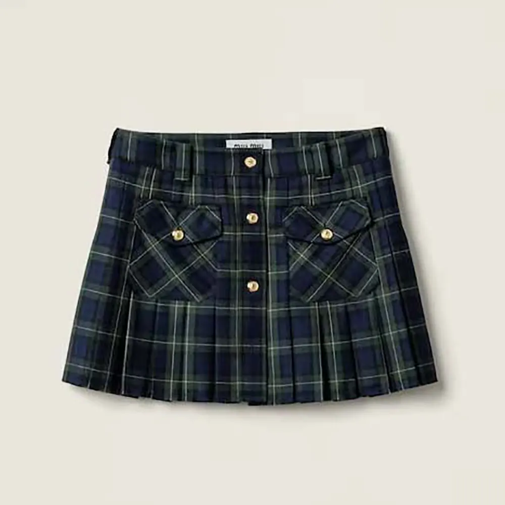 Front view of Miu Miu Women Pleated Tartan Miniskirt in green