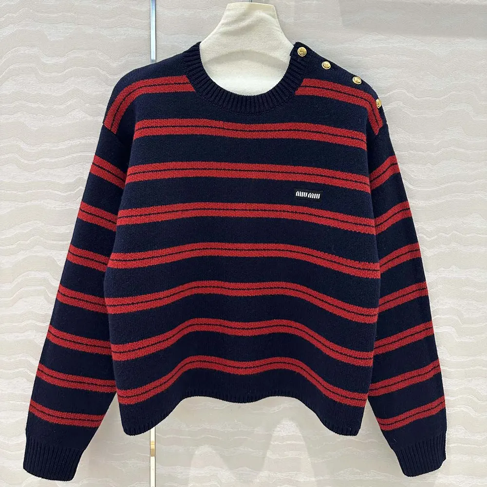 Close-up detail of red Shetland wool texture on Miu Miu sweater