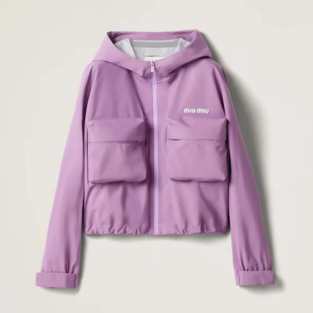 Front view of Miu Miu Women Tec Canvas Blouson in purple