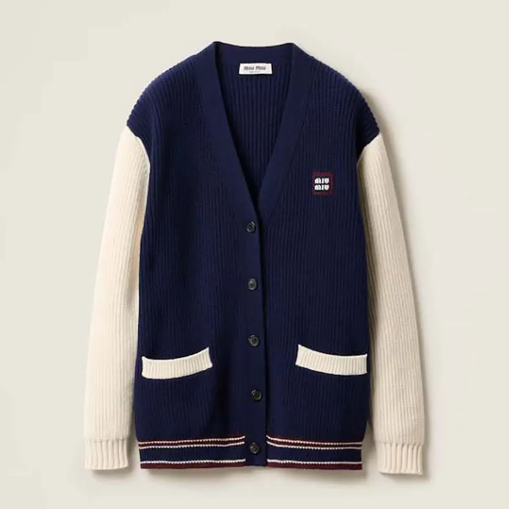 Front view of Miu Miu Women Wool and Cashmere Cardigan in navy