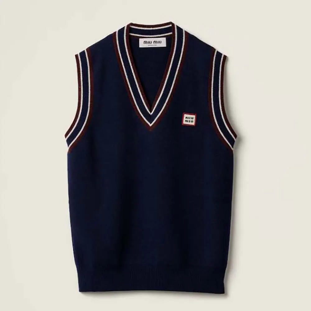 Front view of Miu Miu Women Wool and Cashmere Knit Vest in navy