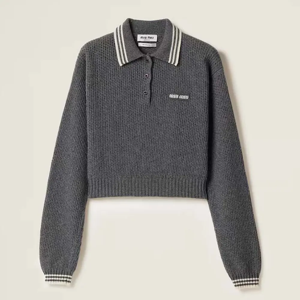 Front view of Miu Miu Women Wool and Cashmere Polo Sweater in gray