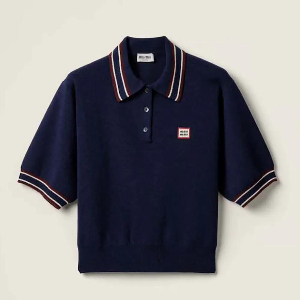 Front view of Miu Miu Women Wool and Cashmere Polo Sweater in navy