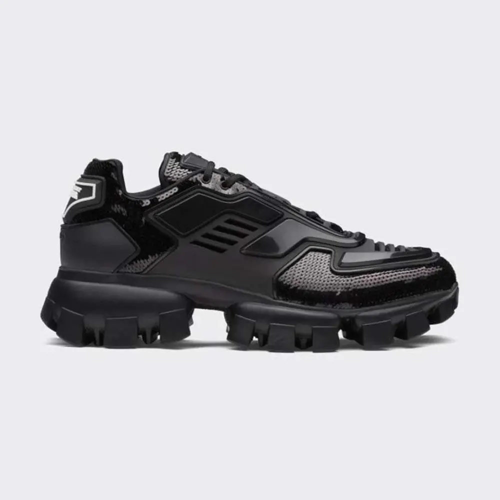 Side profile of Prada Unisex Cloudbust Thunder Sequin Lug-Sole Sneakers-Black