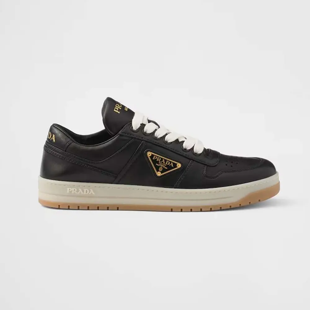Side view of Prada Unisex Downtown Nappa Leather Sneakers-Black
