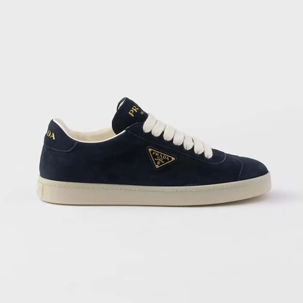 Side profile of Prada Unisex Suede Sneakers in navy suede
