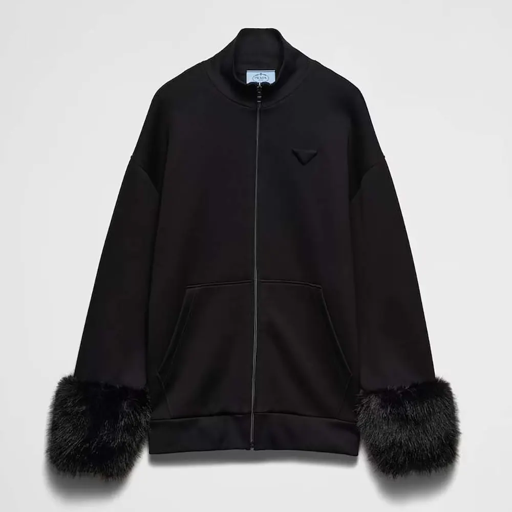 Front view of Prada Women Double Fleece High-neck Blouson in black
