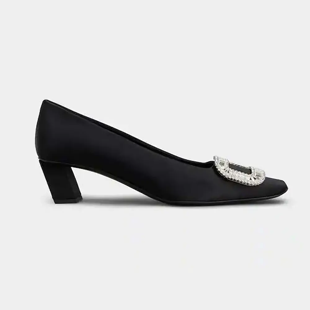 Side view of Roger Vivier Women Belle Vivier Pumps in Satin-Black