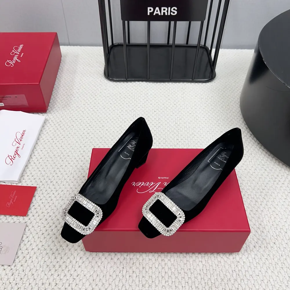 Overhead angle showing satin texture of Roger Vivier Belle Vivier Pumps