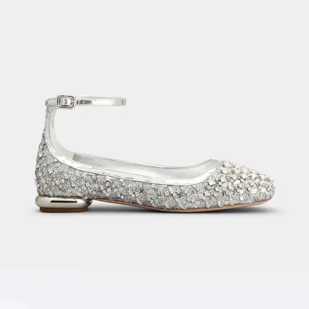 Side view of Roger Vivier Women Viv’ Podium Ballerinas in Sequins showing silver shine