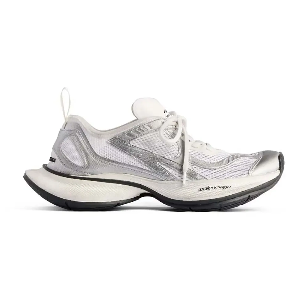 Side view of Balenciaga Unisex Circuit Sneaker in white and silver polyester