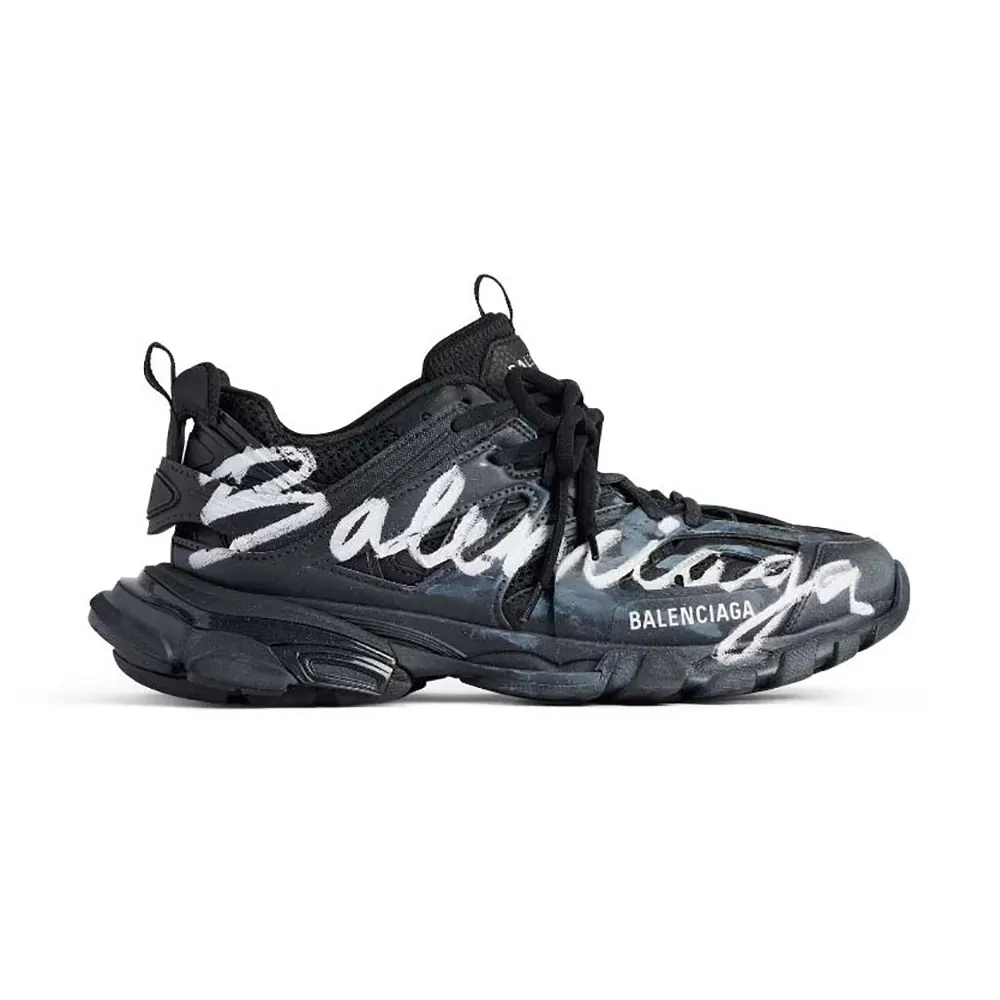 Side view of Balenciaga Unisex Track Signature Sneaker in black and white