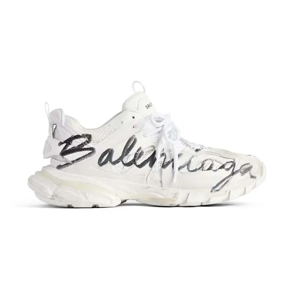 Side view of Balenciaga Unisex Track Signature Sneaker in white and black