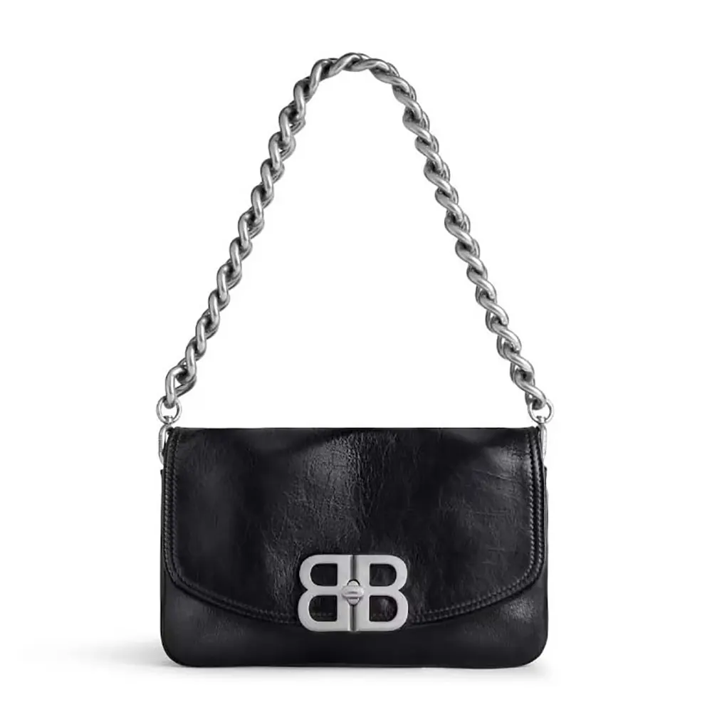 Front view of Balenciaga Women BB Soft Small Flap Bag in black calfskin