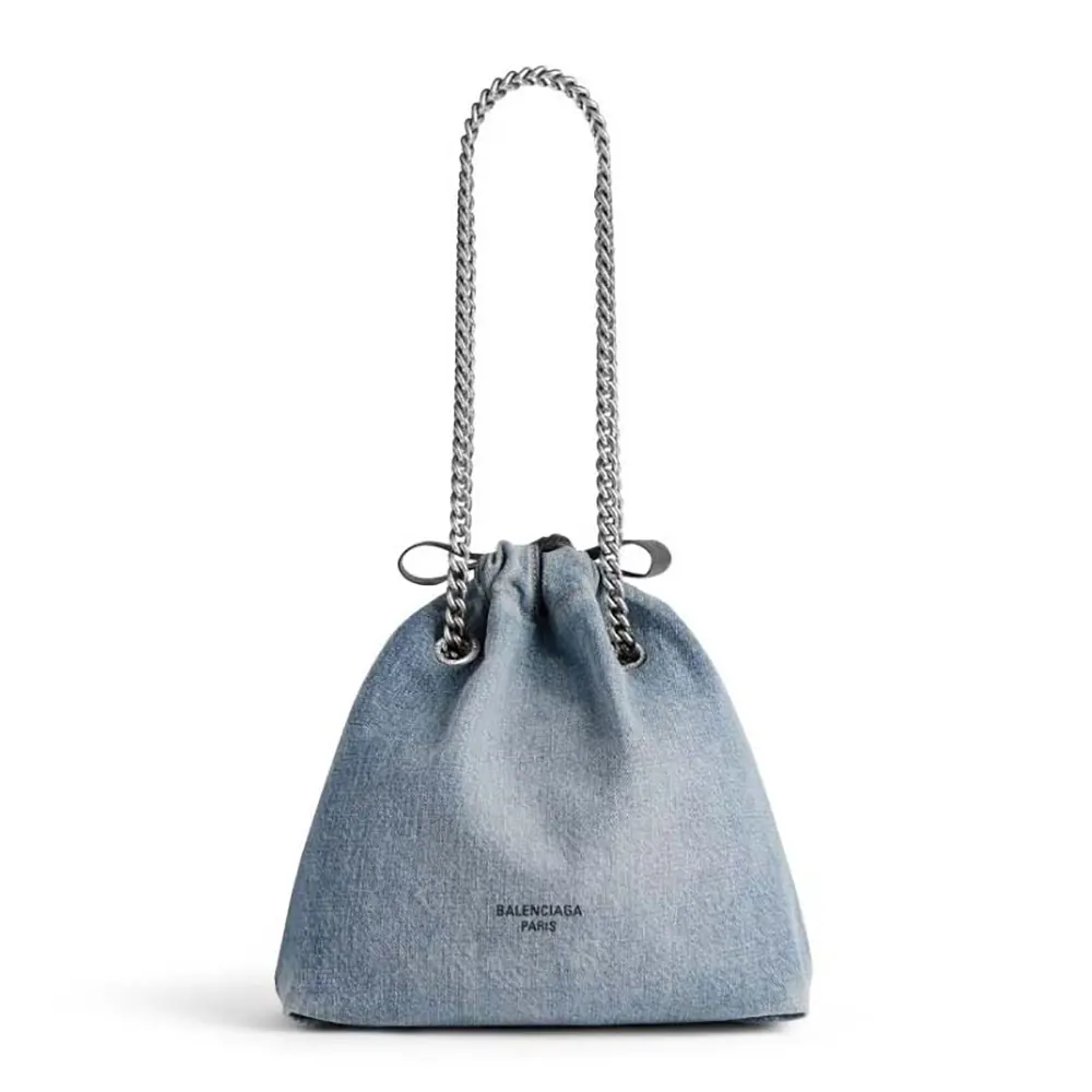 Front view of Balenciaga Women Crush Small Tote Bag Denim in Blue
