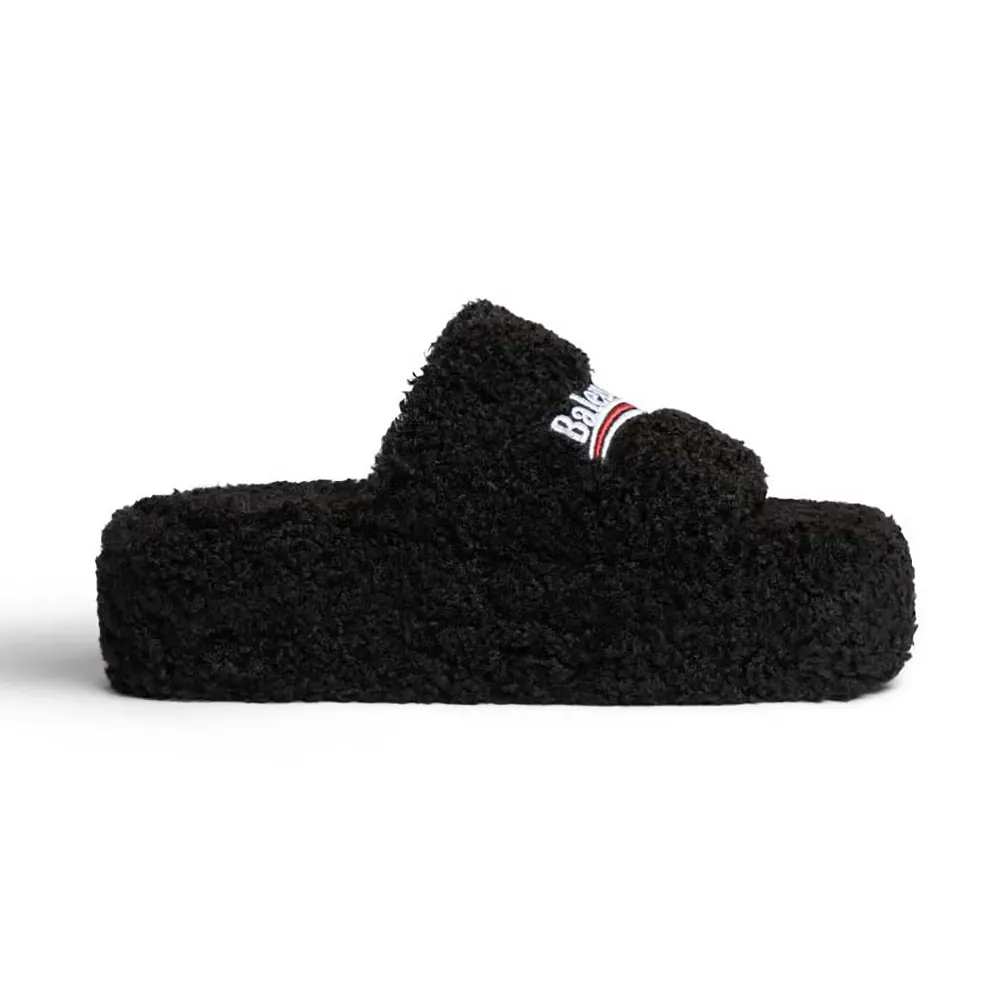Side view of Balenciaga Women Furry Platform Sandal in Black Fake Shearling