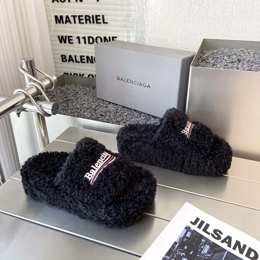 Balenciaga Women Furry Platform Sandal in Black Fake Shearling - image 6