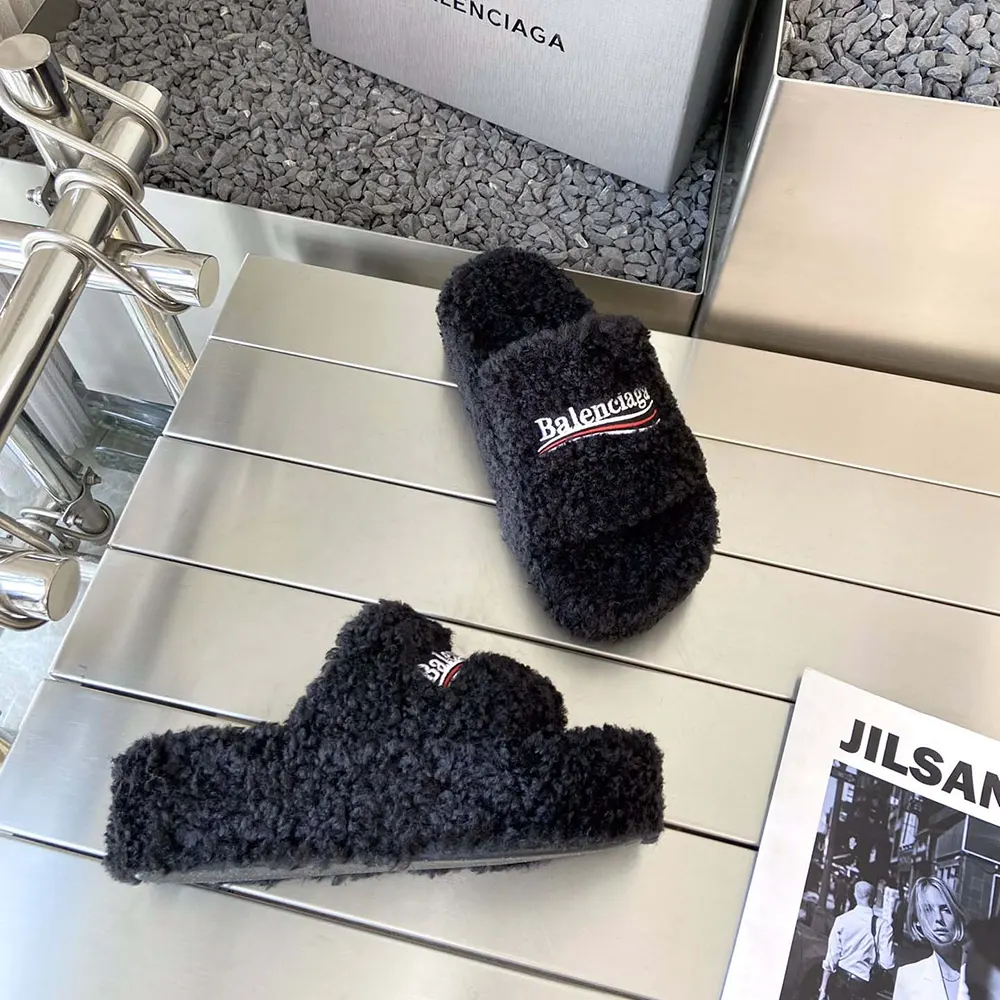 Balenciaga Women Furry Platform Sandal in Black Fake Shearling - image 7