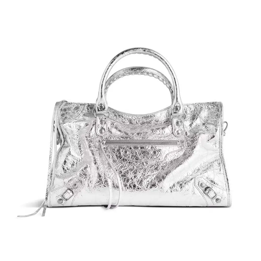 Front view of Balenciaga Women Le City Medium Bag Metallized in Silver