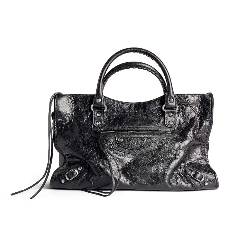 Front view of Balenciaga Women Le City Medium Bag in Black Arena Lambskin