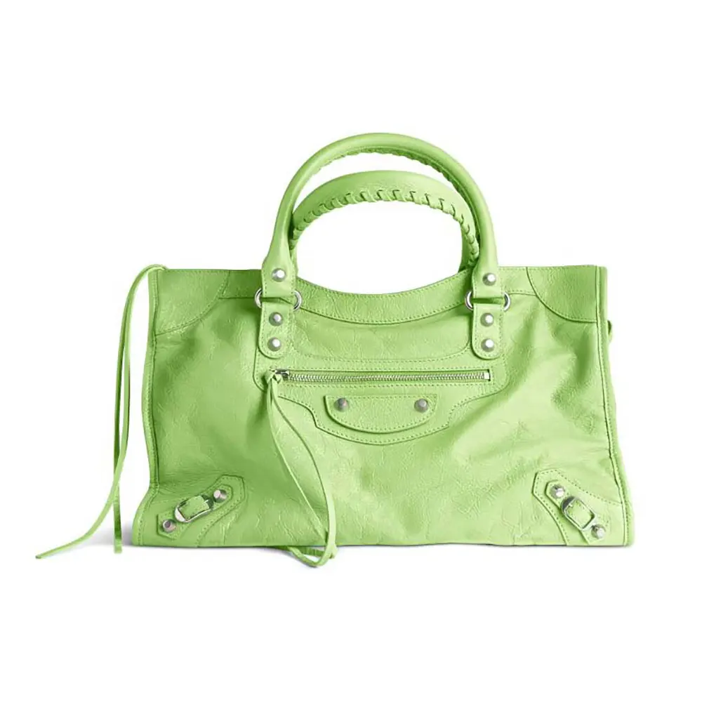 Front view of Balenciaga Women Le City Medium Bag in green lambskin