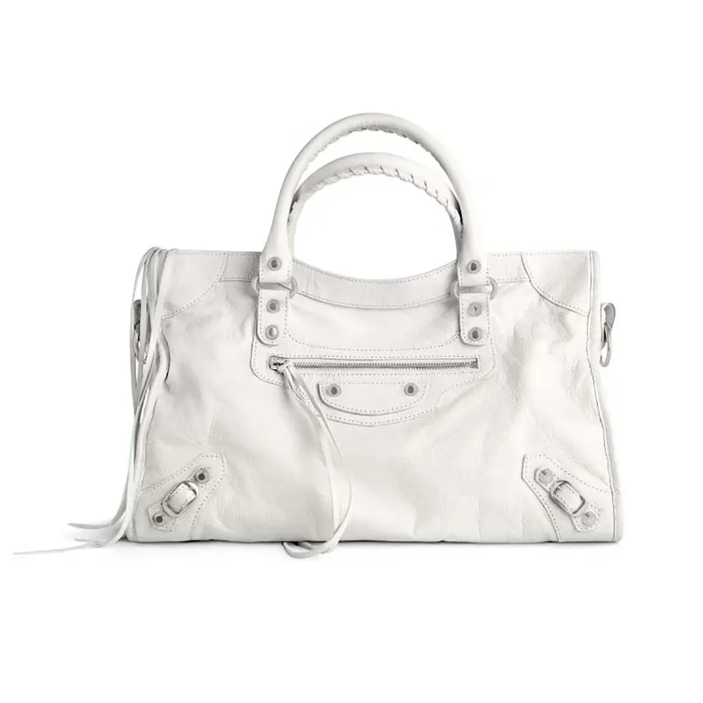 Front view of Balenciaga Women Le City Medium Bag in optic white lambskin