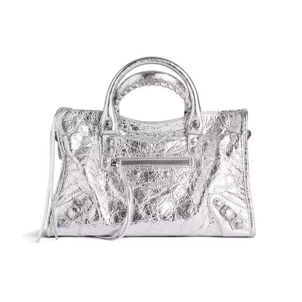 Front view of Balenciaga Women Le City Small Bag Metallized in Silver