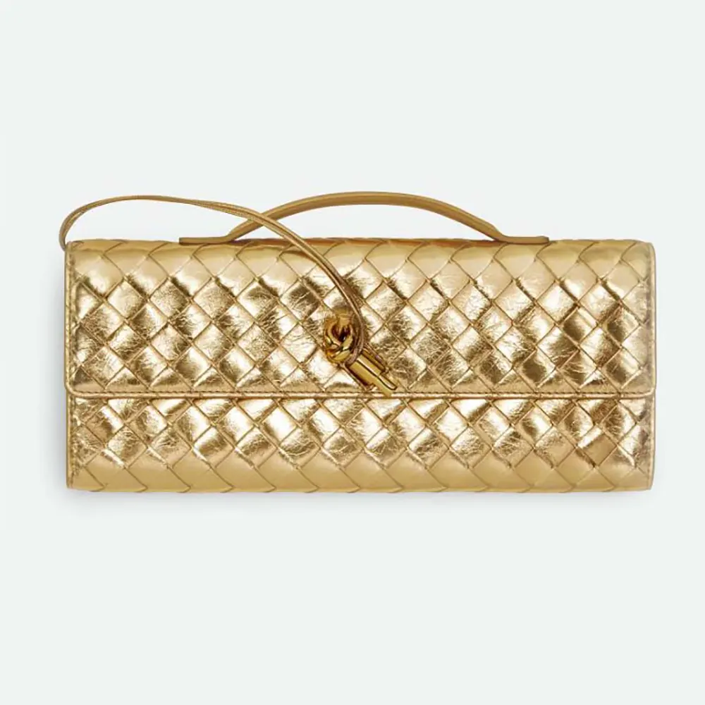 Front view of Bottega Veneta Women Andiamo Clutch in gold leather