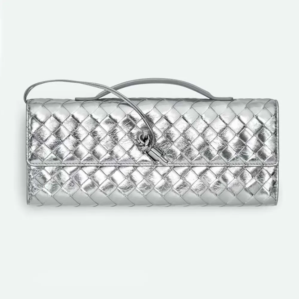 Front view of Bottega Veneta Women Andiamo Clutch in silver intrecciato leather