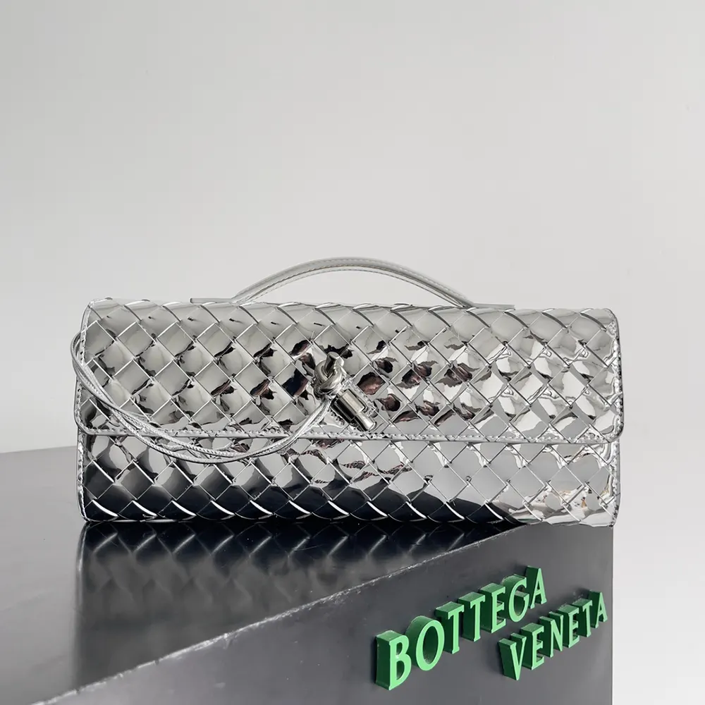 Close-up detail of silver-tone hardware on Bottega Veneta Women Andiamo Clutch