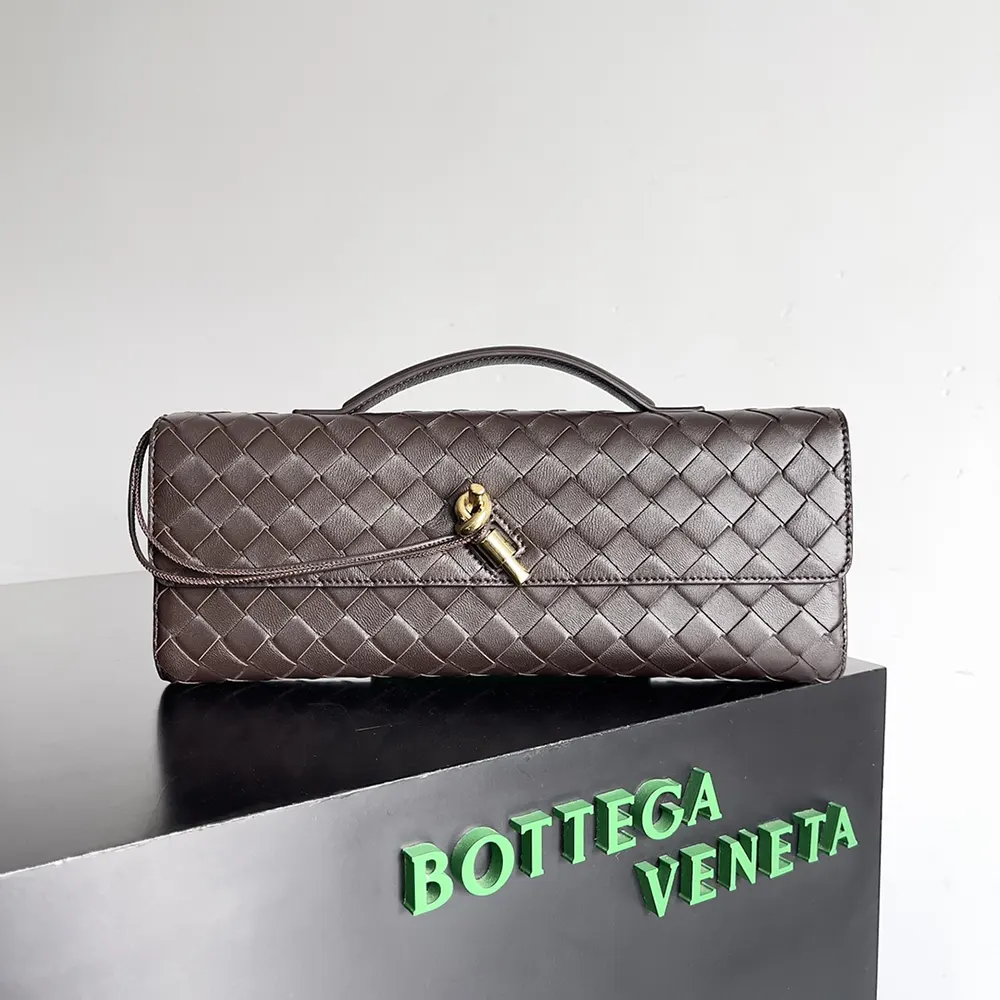 Close-up of intrecciato leather texture on Bottega Veneta Andiamo Clutch