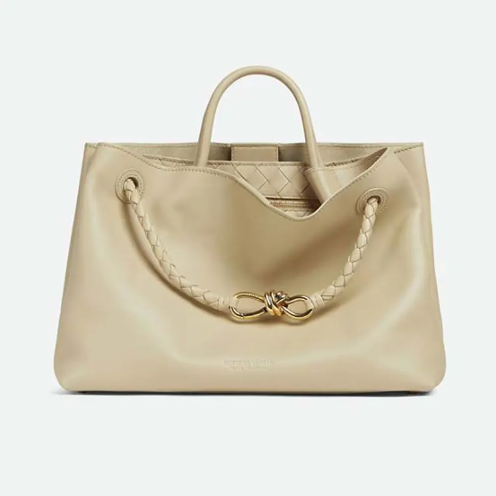 Front view of Bottega Veneta Women Andiamo in Silky Calf Leather beige shoulder bag