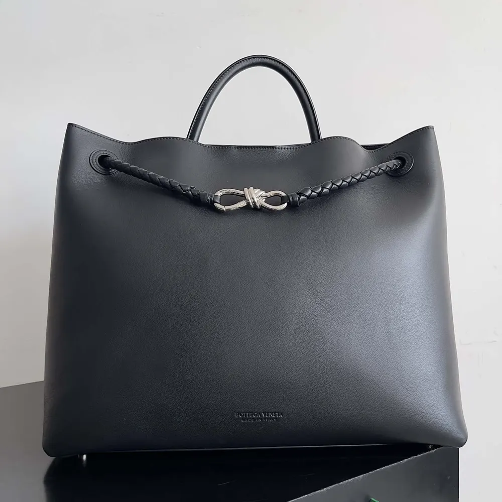 Close-up detail of silver hardware on Bottega Veneta Andiamo shoulder bag