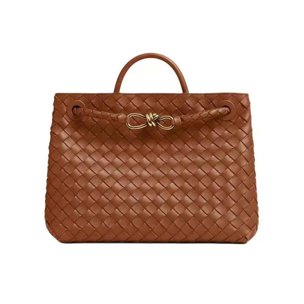Front view of Bottega Veneta Medium Andiamo Intrecciato Leather Top Handle Bag-Brown