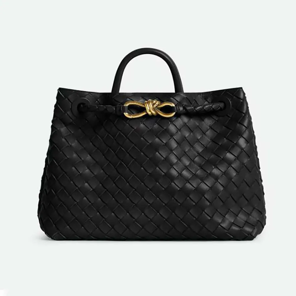Front view of Bottega Veneta Women Medium Andiamo in Supple Intrecciato Leather-Black/Gold bag