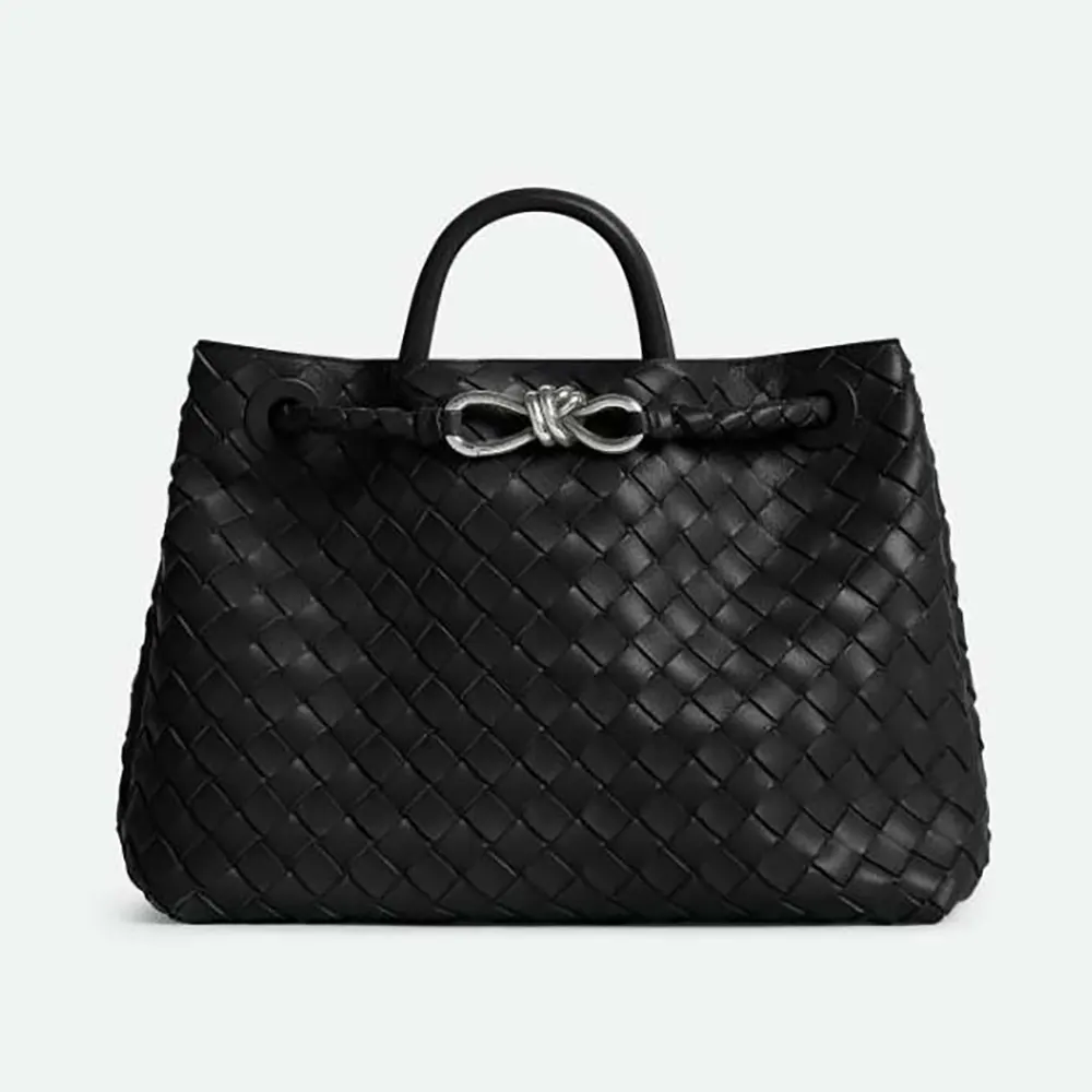 Front view of Bottega Veneta Women Medium Andiamo in Supple Intrecciato Leather-Black/Silver