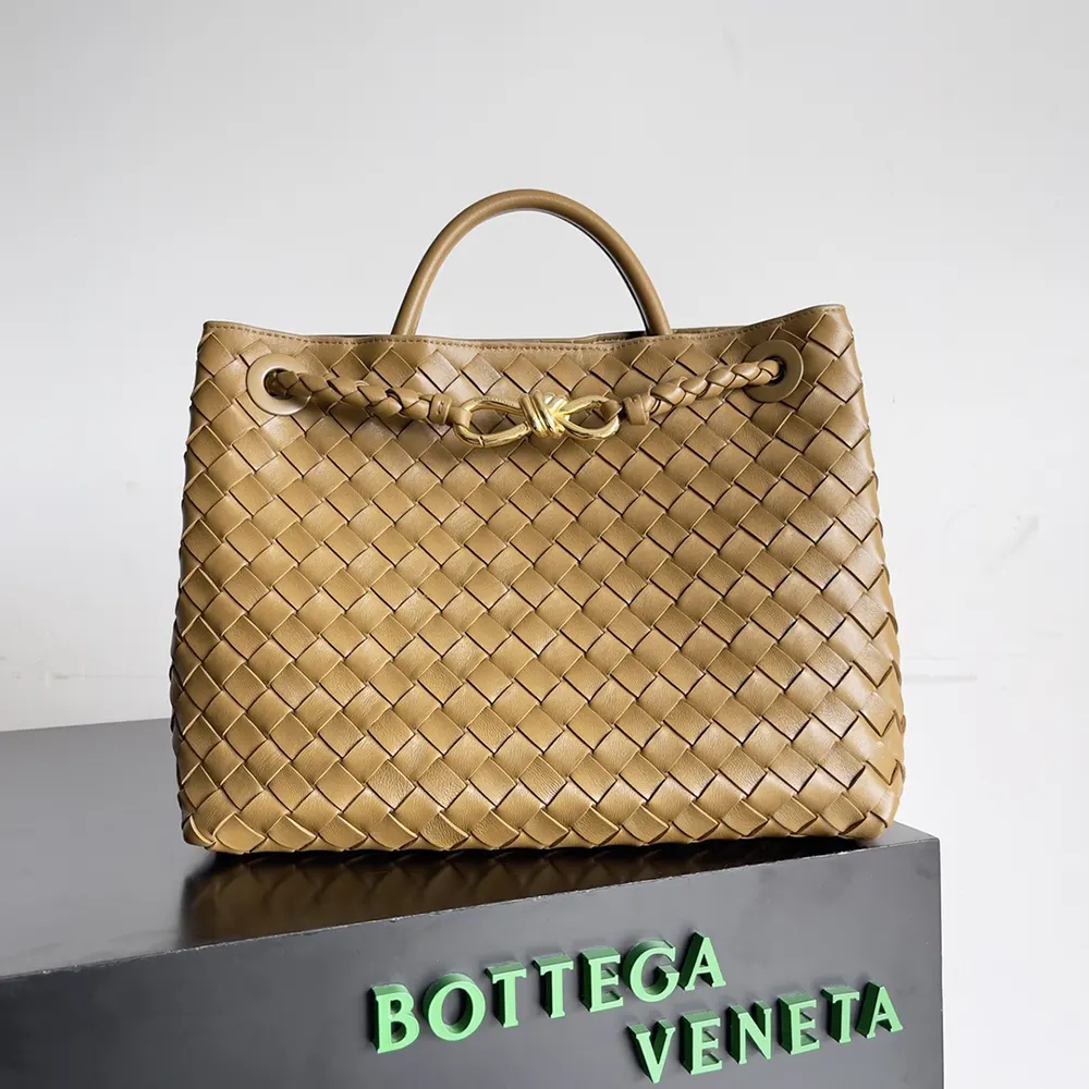 Close-up of supple intrecciato leather texture on Bottega Veneta Andiamo bag
