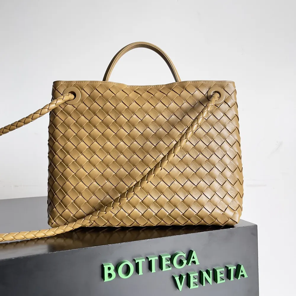 Side angle showcasing gold hardware detail on Bottega Veneta Andiamo bag