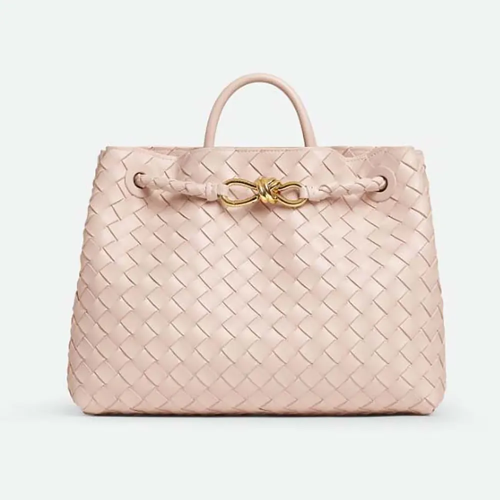 Front view of Bottega Veneta Women Medium Andiamo pink shoulder bag