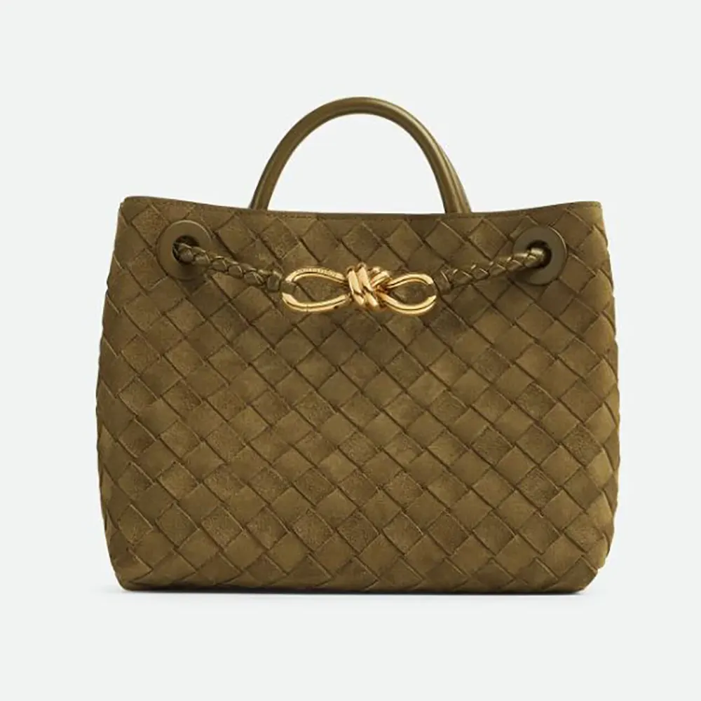 Front view of Bottega Veneta Small Andiamo Top Handle Bag in olive suede