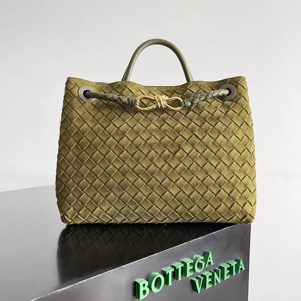 Close-up of olive Intrecciato woven detail on Bottega Veneta Small Andiamo bag