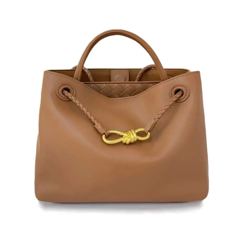 Front view of Bottega Veneta Women Small Andiamo in Silky Calf Leather-Brown