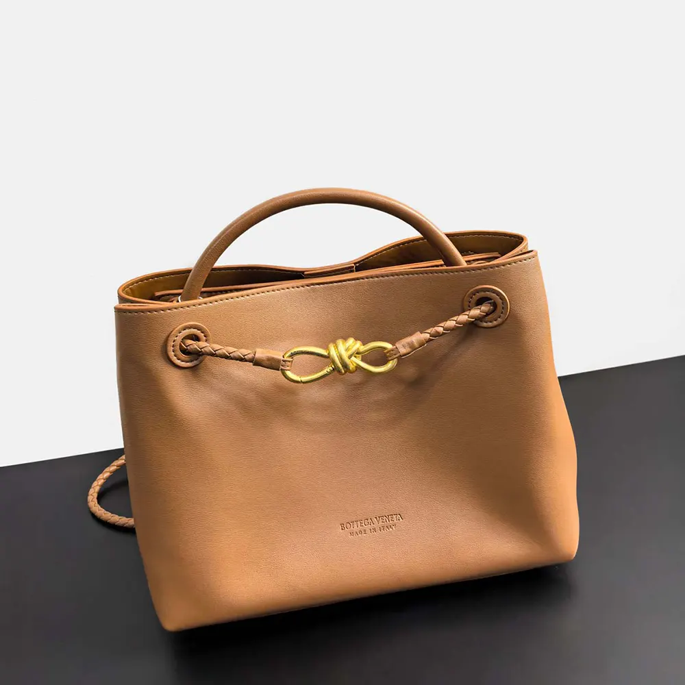 Side profile showing silhouette and hardware of Bottega Veneta Small Andiamo bag