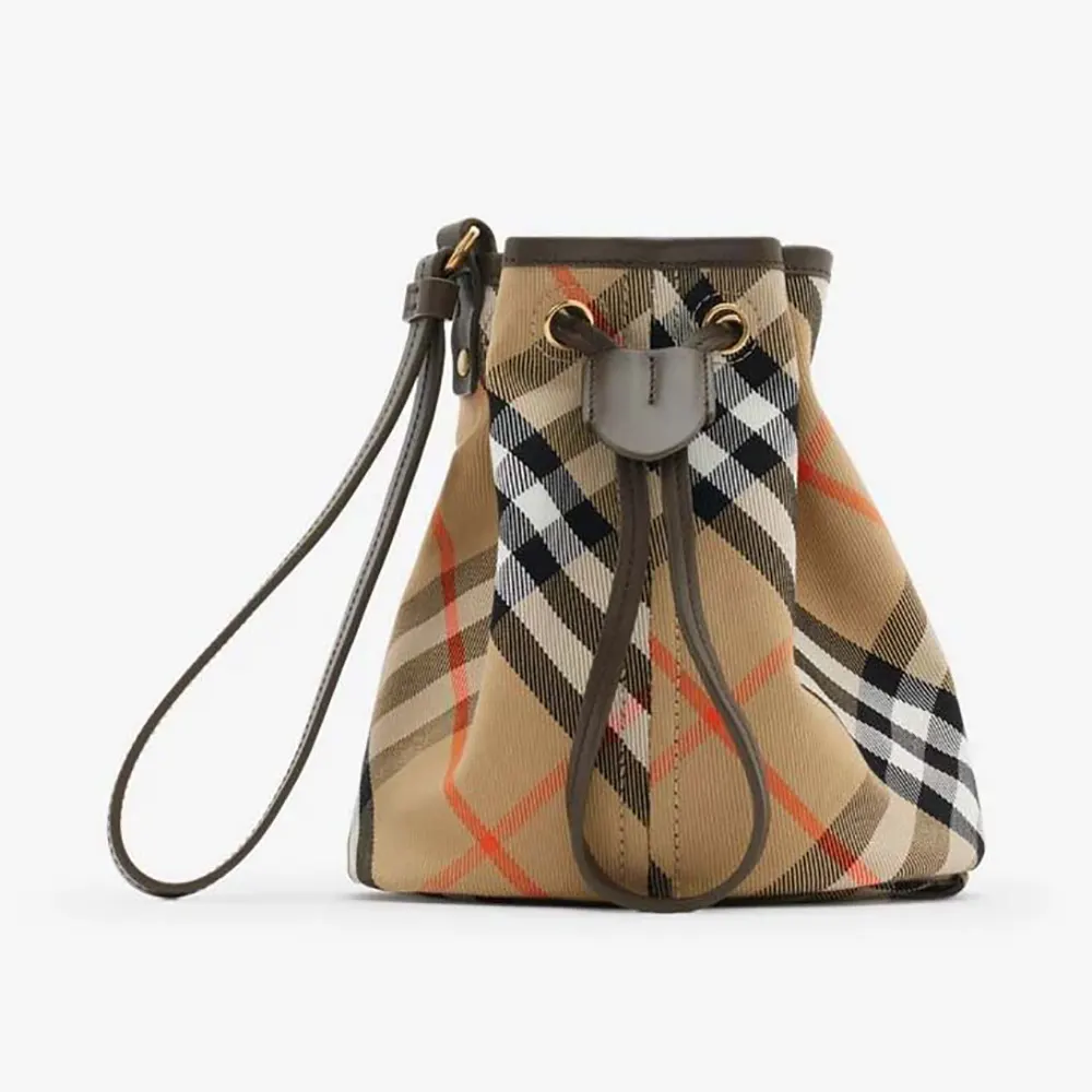 Front view of Burberry Women Check Drawstring Pouch-Sandy with signature check