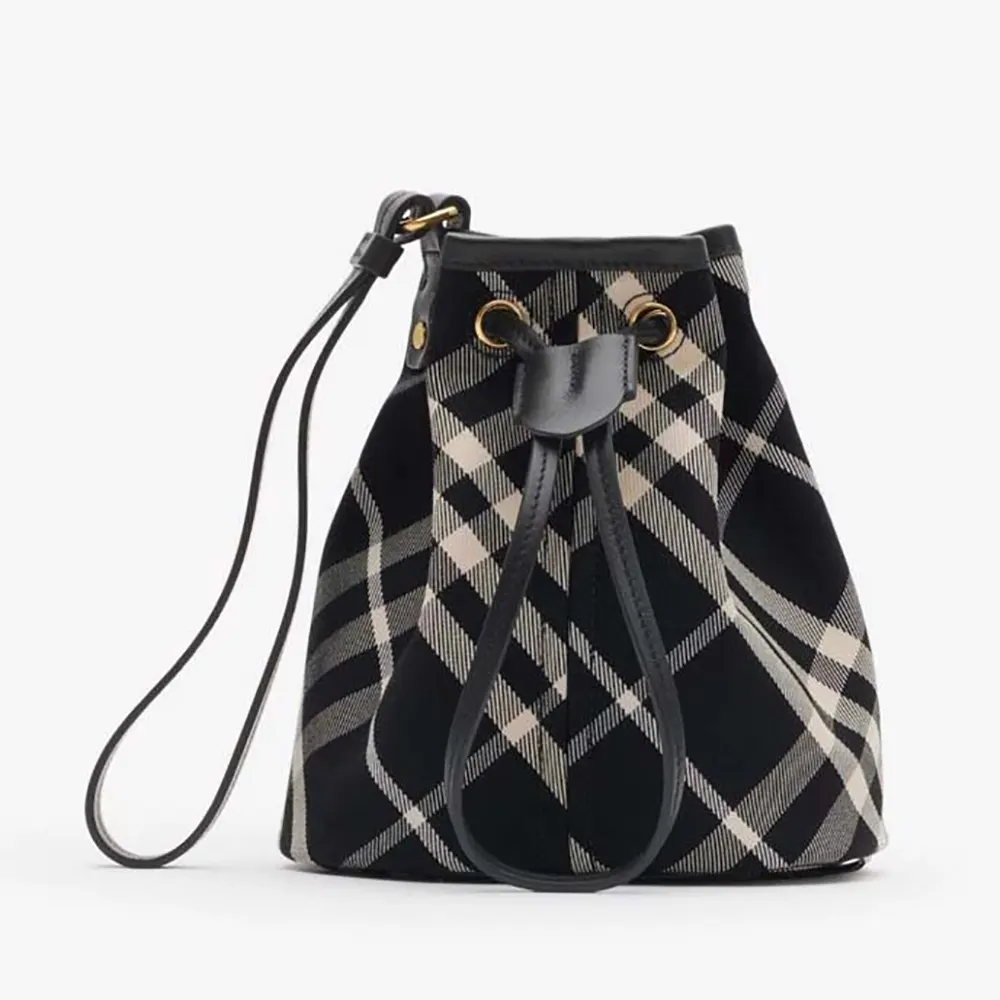 Front view of Burberry Women Check Drawstring Pouch in black