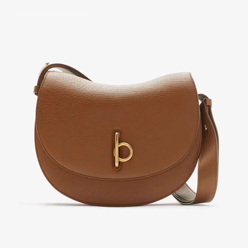 Front view of Burberry Women Medium Rocking Horse Bag in brown leather