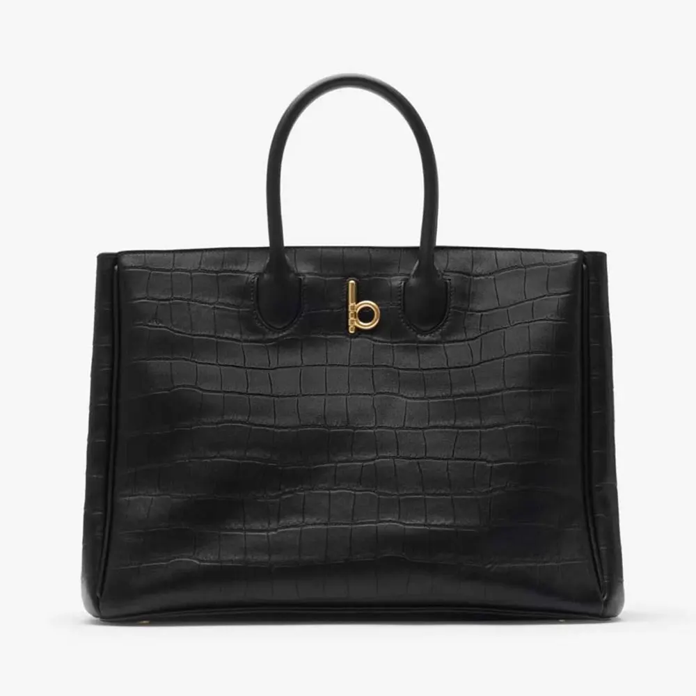 Front view of Burberry Women Medium Rocking Horse Tote in black leather